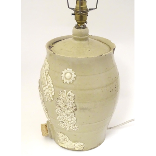 1349 - A 19thC stoneware rum ration barrel / flagon converted to a table lamp, the base of ovoid form and d... 