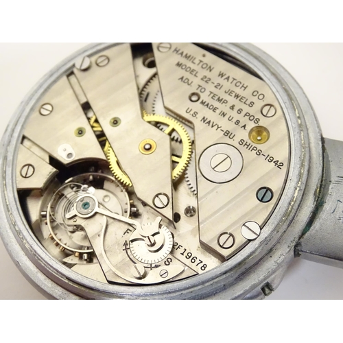 1401 - A Hamilton U.S. Navy Model 22 forty-eight hour metal cased chronometer deck watch. c.1942 The dial s... 