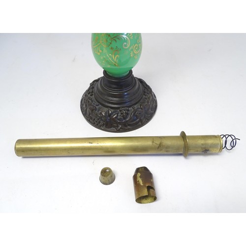 1347 - A 19thC Palmers patent table lamp, the patinated brass fitting supported by a green glass column wit... 