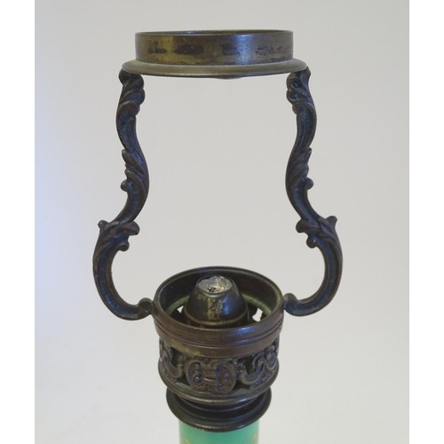 1347 - A 19thC Palmers patent table lamp, the patinated brass fitting supported by a green glass column wit... 