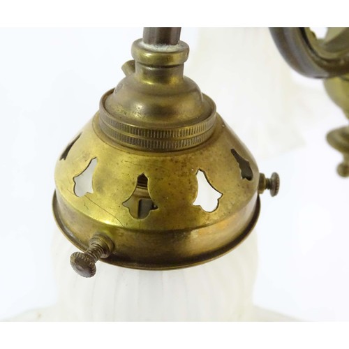 1336 - An early 20thC pendant three branch ceiling light , the brass mount with scroll decoration, stamped ... 