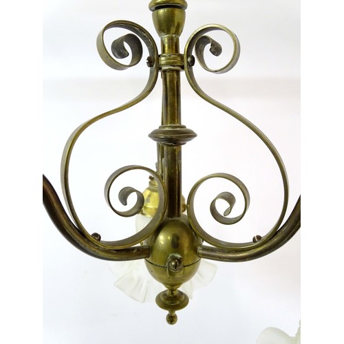 1336 - An early 20thC pendant three branch ceiling light , the brass mount with scroll decoration, stamped ... 