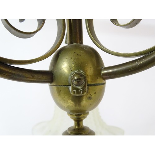 1336 - An early 20thC pendant three branch ceiling light , the brass mount with scroll decoration, stamped ... 