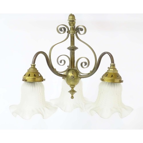 1336 - An early 20thC pendant three branch ceiling light , the brass mount with scroll decoration, stamped ... 