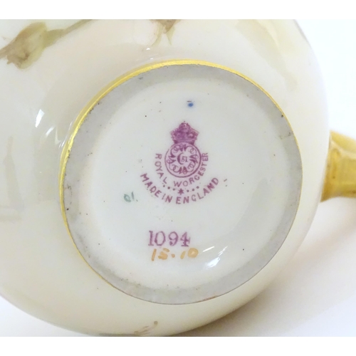 144 - A Royal Worcester flatback jug with a shaped spout, with painted decoration depicting rose flowers a... 