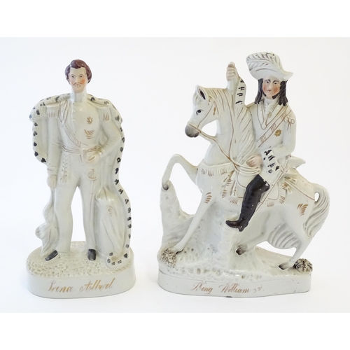 101 - Two Victorian Staffordshire pottery flat back figures depicting Prince Albert, and William III on ho... 