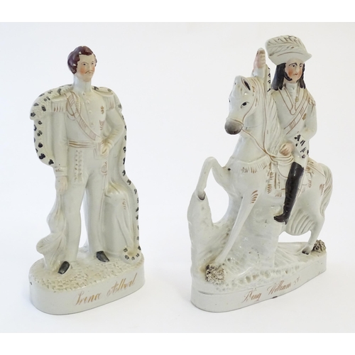 101 - Two Victorian Staffordshire pottery flat back figures depicting Prince Albert, and William III on ho... 