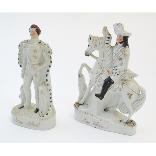 101 - Two Victorian Staffordshire pottery flat back figures depicting Prince Albert, and William III on ho... 