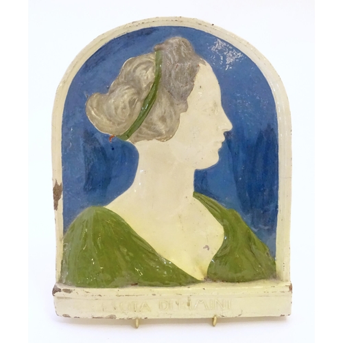 126 - A 19thC ceramic plaque by Conrad Dressler, depicting a profile portrait of a woman in relief, titled... 
