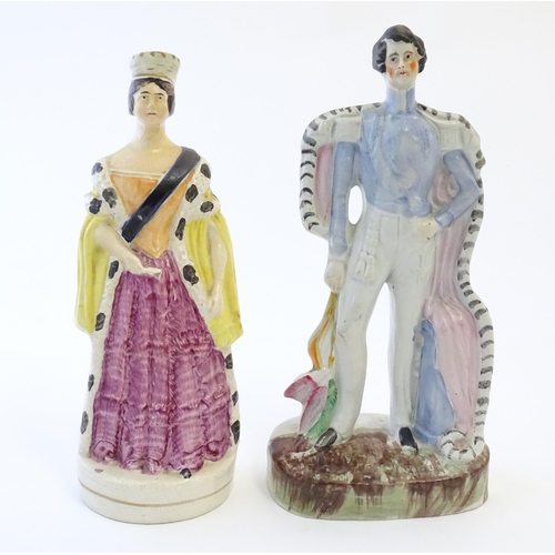 97 - Two Victorian Staffordshire pottery figures depicting Prince Albert, and Queen Victoria. Largest app... 