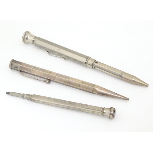 417 - 3 Propelling pencils : A Sterling silver pencil with engine turned decoration by Yard O Led, patent ... 