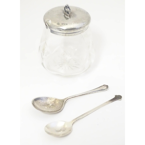 448 - A cut glass jam / preserve pot with silver top hallmarked Chester 1925 maker Barker Brothers togethe... 