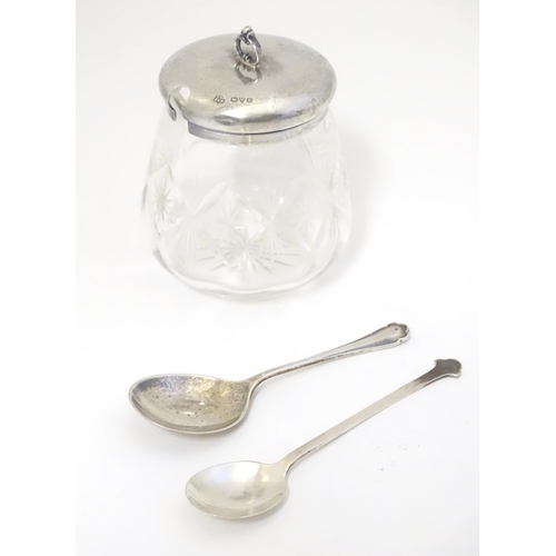 448 - A cut glass jam / preserve pot with silver top hallmarked Chester 1925 maker Barker Brothers togethe... 