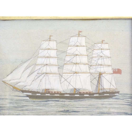 1929 - A 19thC woolwork embroidery depicting a British Merchant Navy clipper ship in full sail, flying the ... 