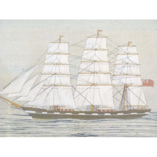 1929 - A 19thC woolwork embroidery depicting a British Merchant Navy clipper ship in full sail, flying the ... 