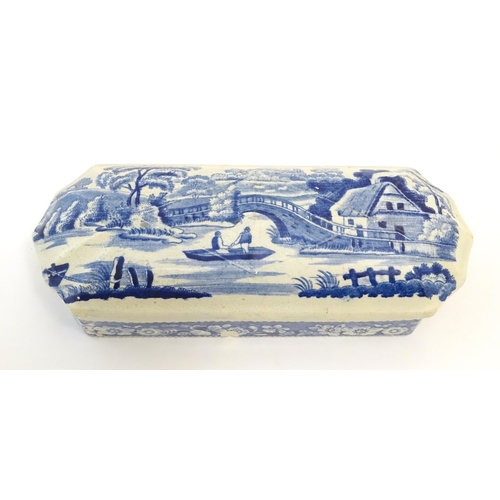 69 - A Victorian blue and white toilet box with transfer decoration depicting the River Thames at Nuneham... 