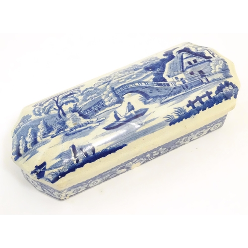 69 - A Victorian blue and white toilet box with transfer decoration depicting the River Thames at Nuneham... 