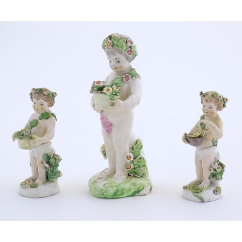 103 - Three Derby Porcelain style figures modelled as cherubs / young boys, two carrying baskets of flower... 