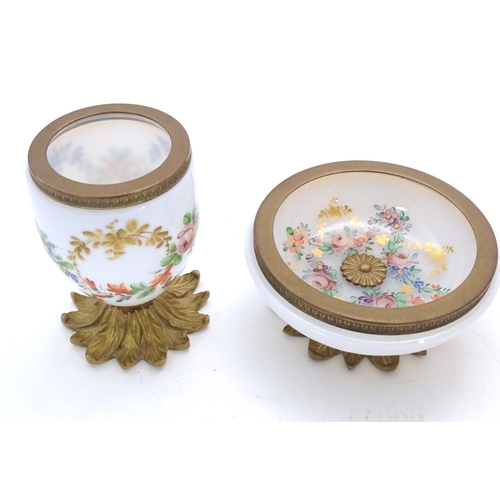 229A - A French white glass bowl with hand painted floral detail and gilt brass mounts 4