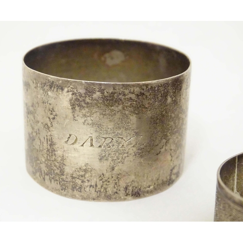 356A - Three silver napkin rings comprising on hallmarked Birmingham 1939 maker John Rose, one Birmingham 1... 