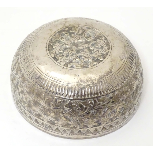 491 - A white metal bowl with acanthus scroll detail, possibly Indian. Approx. 4 1/2