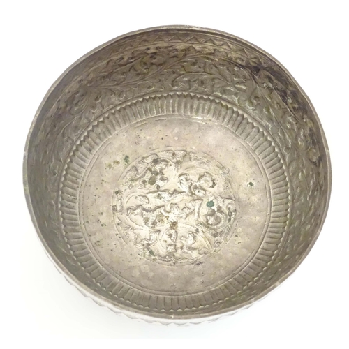 491 - A white metal bowl with acanthus scroll detail, possibly Indian. Approx. 4 1/2