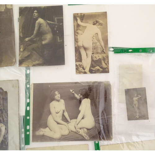 966 - A quantity of late 19th / early 20thC photographs, prints, and postcards depicting portraits, erotic... 