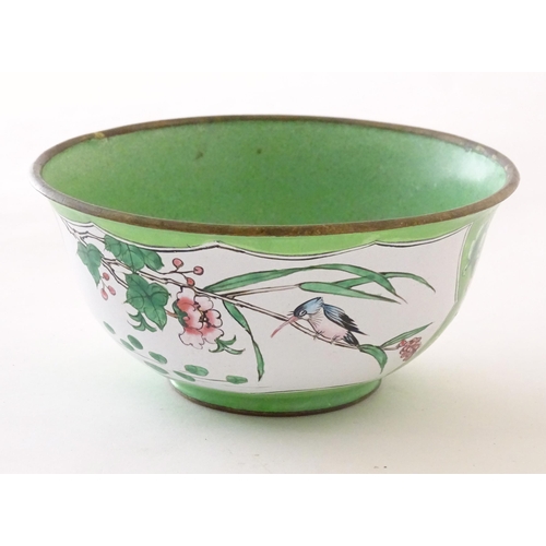 1035 - A Chinese / Cantonese famille verte bowl with enamel detail, decorated with a bird on a peony branch... 