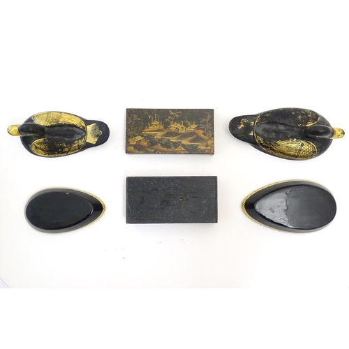 1058 - Four Oriental items comprising a papier mache lacquered bowl with scalloped edge, decorated with fem... 