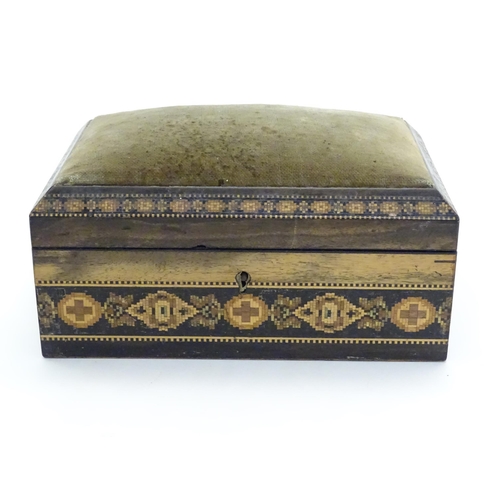 1072 - A 19thC Tunbridge ware box with banded decoration and pin cushion to top, by Thomas Barton. Label un... 