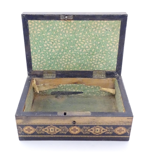 1072 - A 19thC Tunbridge ware box with banded decoration and pin cushion to top, by Thomas Barton. Label un... 