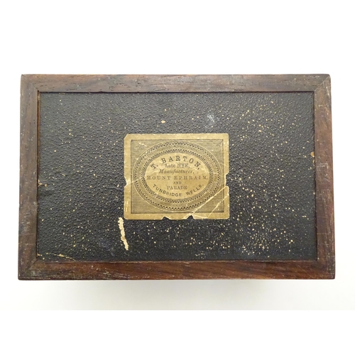 1072 - A 19thC Tunbridge ware box with banded decoration and pin cushion to top, by Thomas Barton. Label un... 