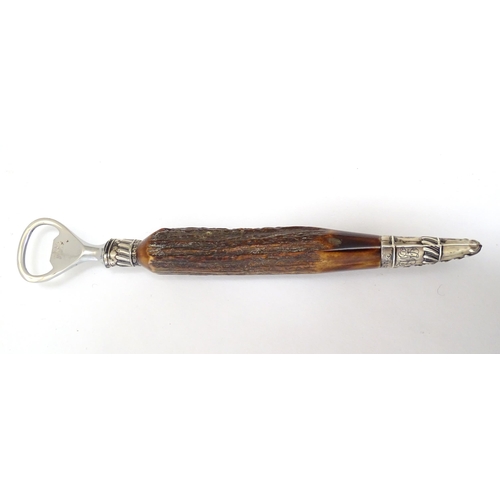 1092 - A Victorian antler handled bottler opener with silver collar and mount, hallmarked Sheffield 1888, m... 