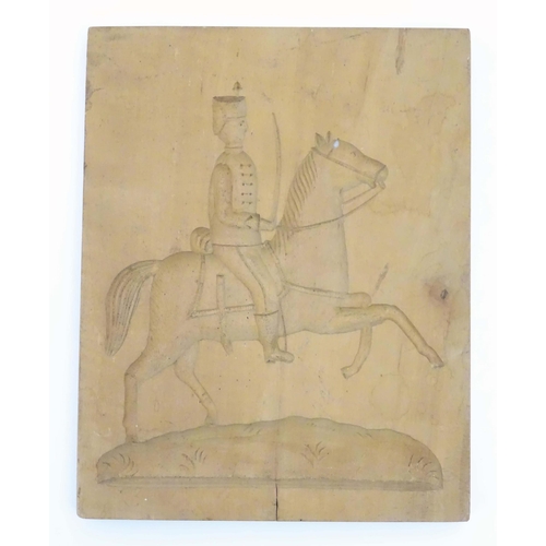 1099 - Two 20thC carved wooden shortbread / biscuit / cookie moulds, one depicting a soldier on horseback, ... 