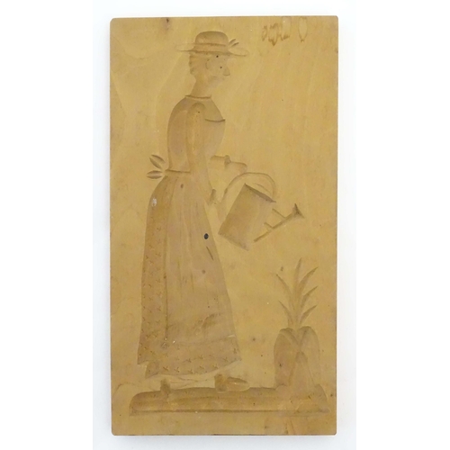 1099 - Two 20thC carved wooden shortbread / biscuit / cookie moulds, one depicting a soldier on horseback, ... 