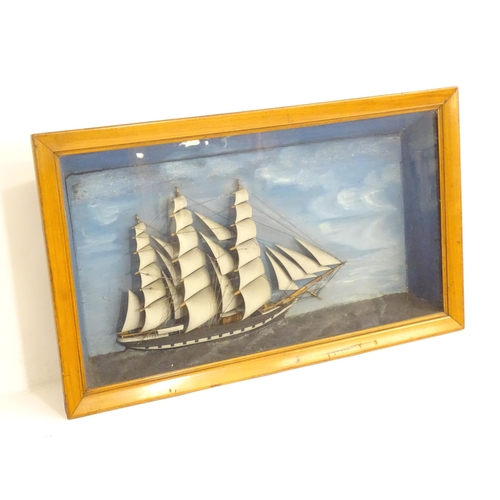 1130 - A painted maritime diorama depicting a clipper ship in full sail. 15 1/2