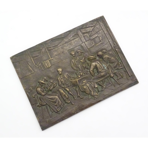 1133 - A late 19th / early 20thC cast bronze plaque of rectangular form depicting a tavern scene with men a... 