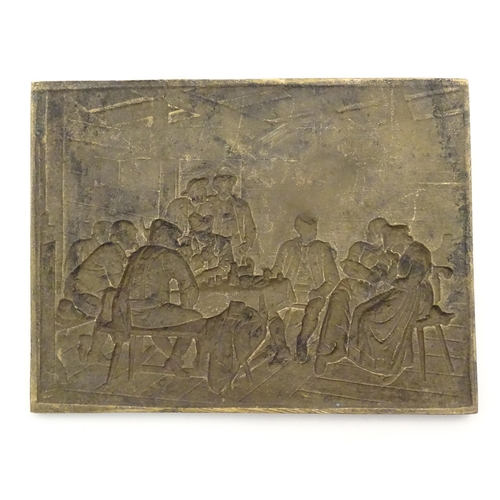 1133 - A late 19th / early 20thC cast bronze plaque of rectangular form depicting a tavern scene with men a... 