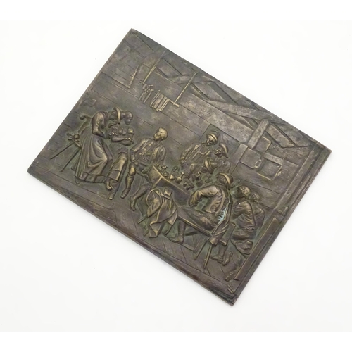 1133 - A late 19th / early 20thC cast bronze plaque of rectangular form depicting a tavern scene with men a... 