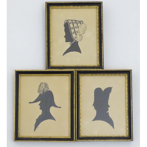 1141 - Three late 19th century pen and ink profile portrait silhouettes to include a gentleman wearing a bi... 