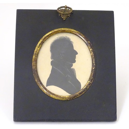 1142 - A 19thC miniature silhouette portrait of a gentleman with pencil highlights. Image approx. 3'' x 2 1... 