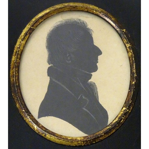 1142 - A 19thC miniature silhouette portrait of a gentleman with pencil highlights. Image approx. 3'' x 2 1... 