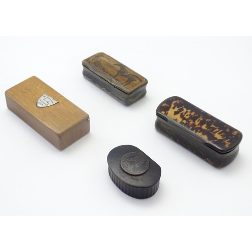 1193 - Four 19th and early 20thC snuff boxes to include a horn example with applied hunting engraving to to... 