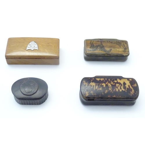 1193 - Four 19th and early 20thC snuff boxes to include a horn example with applied hunting engraving to to... 