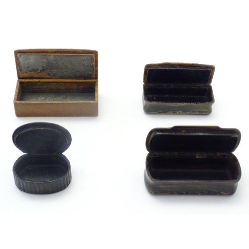 1193 - Four 19th and early 20thC snuff boxes to include a horn example with applied hunting engraving to to... 