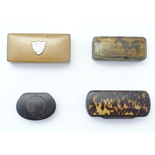 1193 - Four 19th and early 20thC snuff boxes to include a horn example with applied hunting engraving to to... 