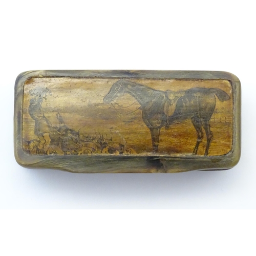 1193 - Four 19th and early 20thC snuff boxes to include a horn example with applied hunting engraving to to... 