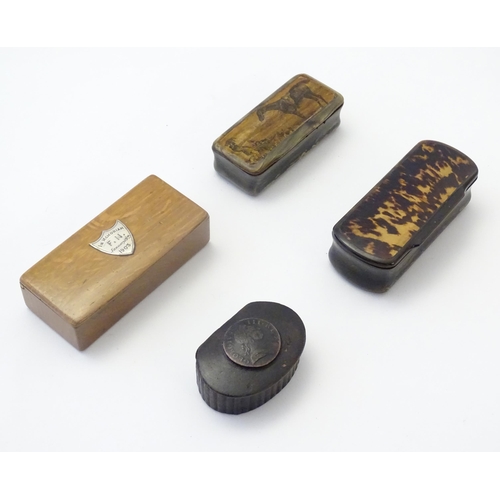 1193 - Four 19th and early 20thC snuff boxes to include a horn example with applied hunting engraving to to... 