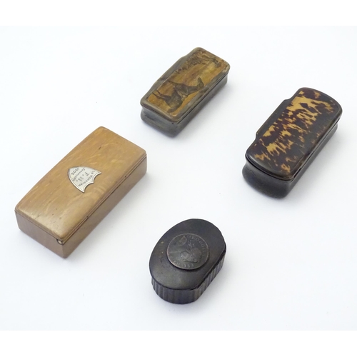 1193 - Four 19th and early 20thC snuff boxes to include a horn example with applied hunting engraving to to... 