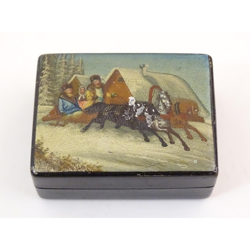 1194 - A late 19th / early 20thC Russian papier mache stamp box, the hinged lid decorated with a horse and ... 